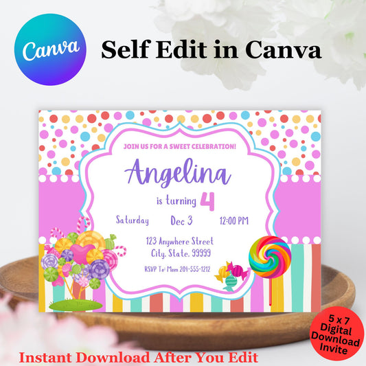 Cute Candyland Birthday Invitation Template - Editable Candy Birthday Invite in Canva