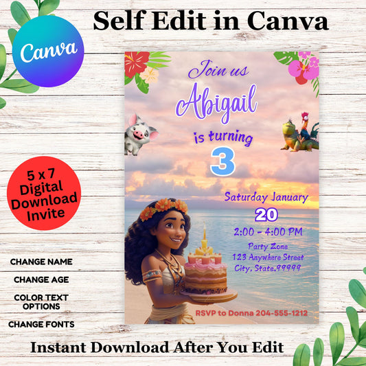 Moana Personalized Birthday Invitation Template Girl - Cute Moana Birthday Invite Printable 