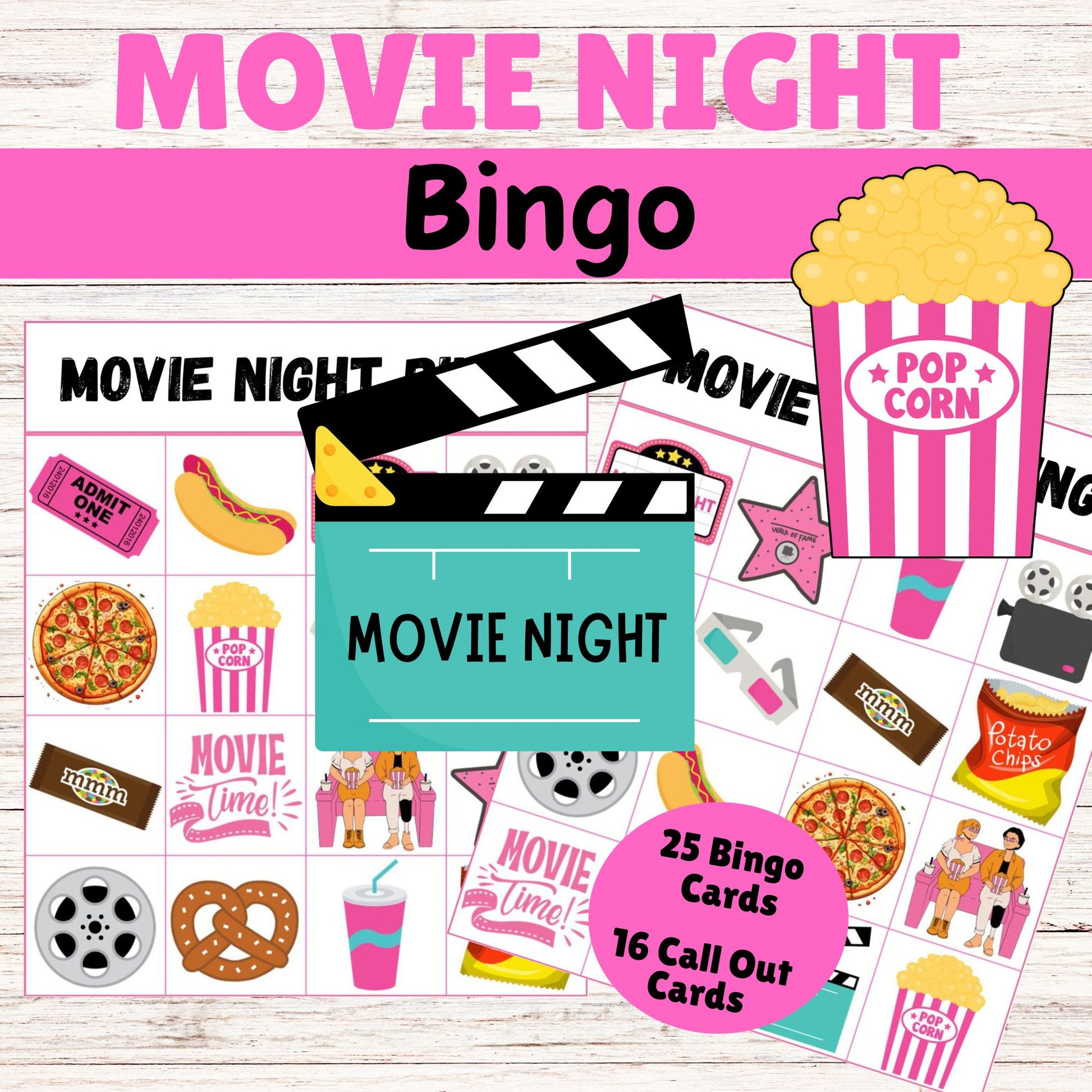 Movie Night Bingo Game - Kids Movie Night Bingo Pink - Instant Download 