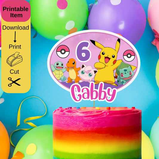 Cute Girl Pokemon Birthday Cake Topper - Printable Pokemon Cake Topper Editable in Canva