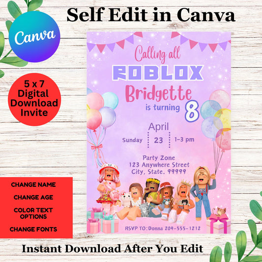 Roblox Birthday Invitation - Girls Roblox Birthday Invitation Template Edit with Canva