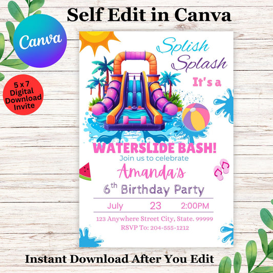 Waterslide Birthday Invitation Template - Cute Waterslide Party Invite Editable