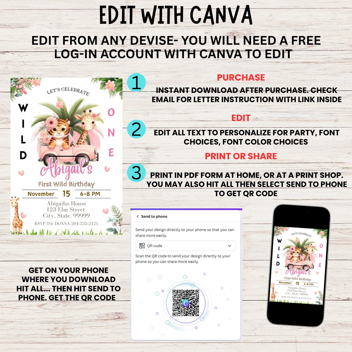 Digital Wild One girl's birthday invitation shown on a smartphone screen with soft pink leopard print and editable party details