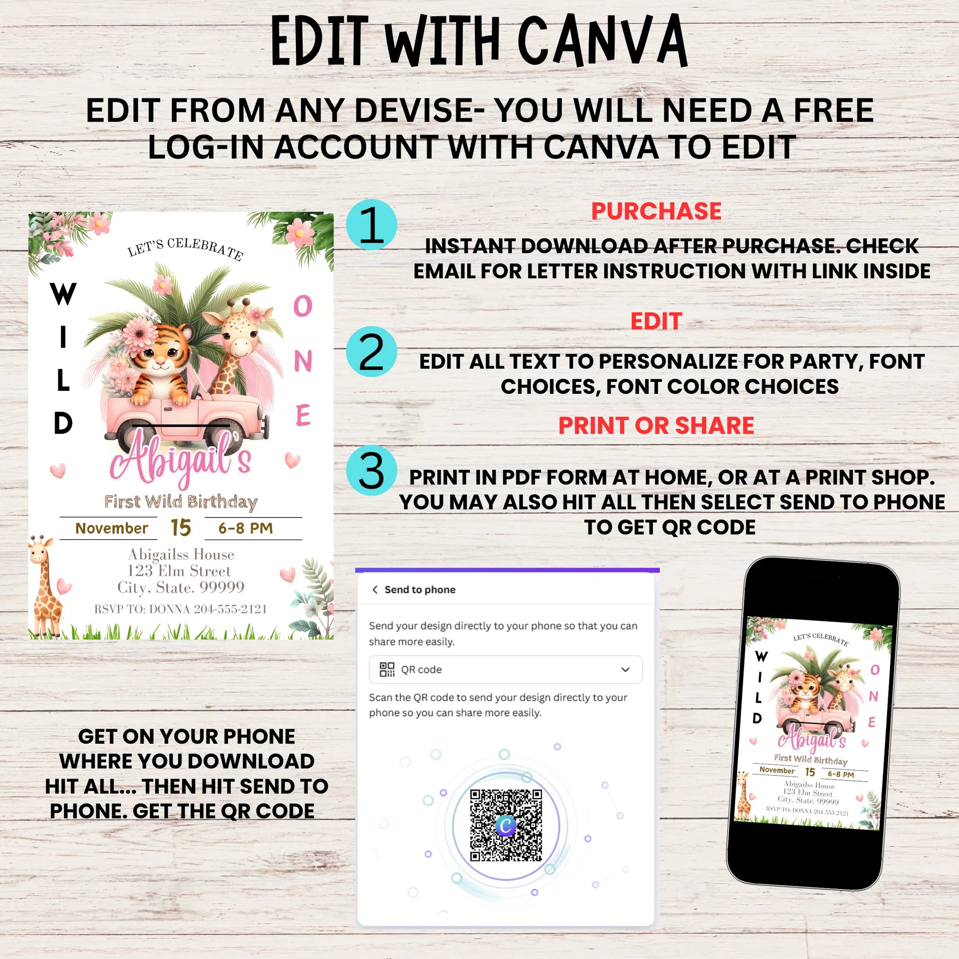 Digital Wild One girl's birthday invitation shown on a smartphone screen with soft pink leopard print and editable party details