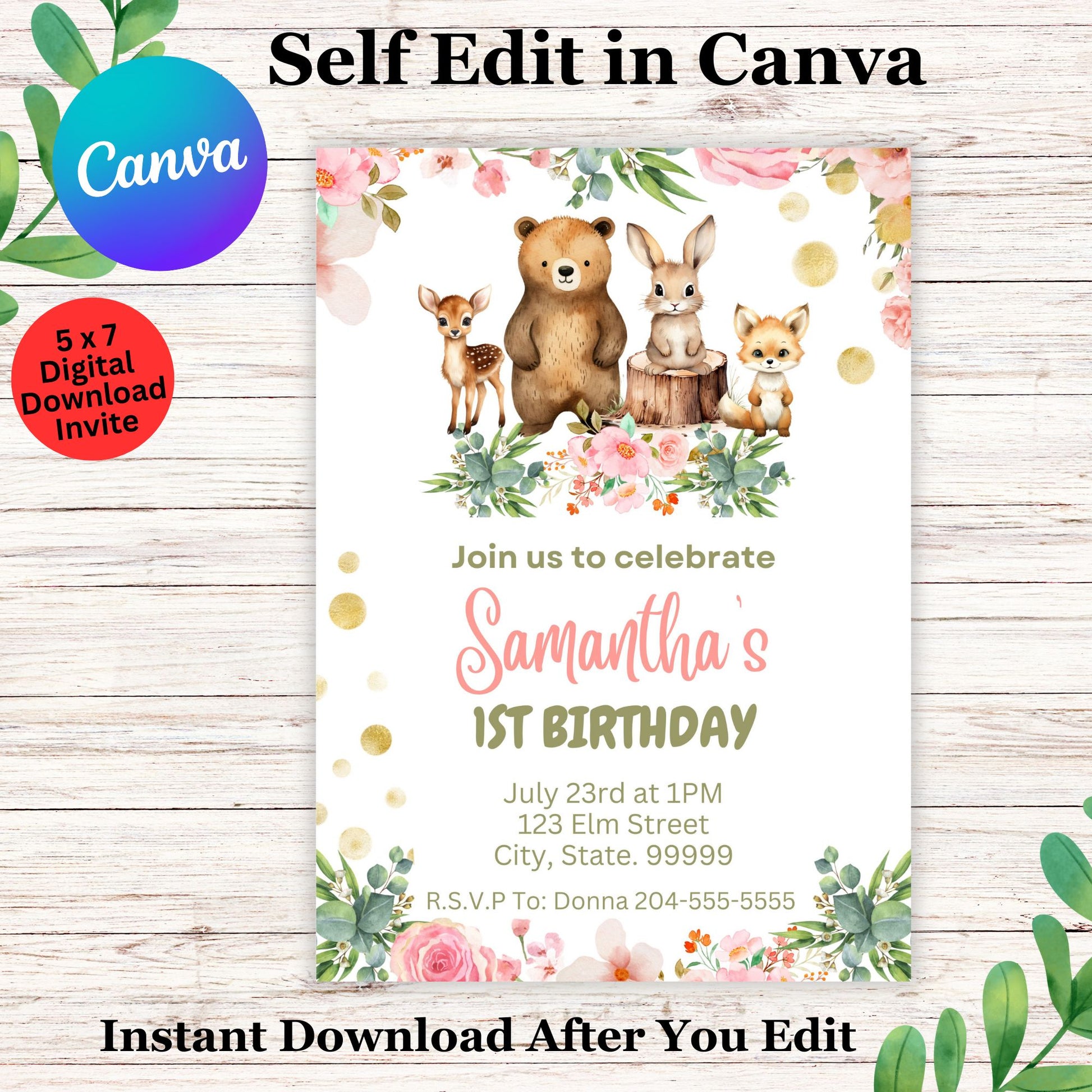 Woodland Birthday Girl Invitation Template - Printable Woodland Birthday Invite Editable in Canva