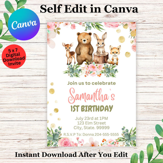 Woodland Birthday Girl Invitation Template - Printable Woodland Birthday Invite Editable in Canva