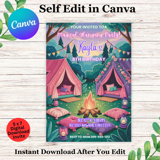 Editable Glamping Birthday Invitation Template | Girls' Glam Camping Party | Digital Download
