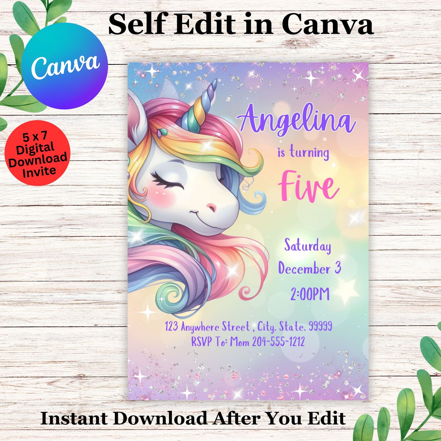 Cute Shimmer Unicorn Birthday Invitation Template - Editable Girls Unicorn Birthday Invite in Canva
