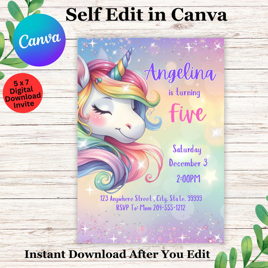 Cute Shimmer Unicorn Birthday Invitation Template - Editable Girls Unicorn Birthday Invite in Canva