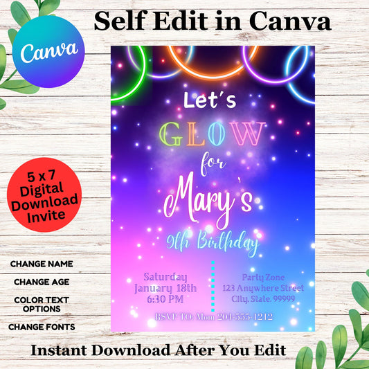 Glow Crazy Birthday Invitation Template - Printable Glow Birthday Invite Editable In Canva