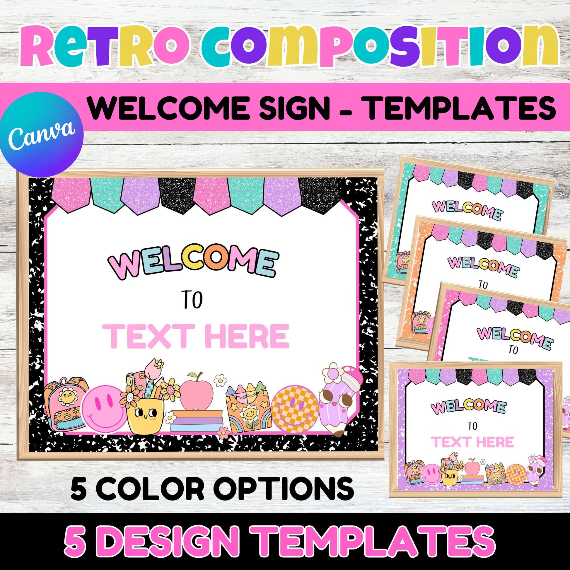 Retro Groovy Composition Notebook Welcome Sign Poster - Editable
