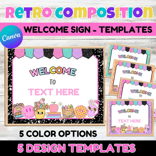 Retro Groovy Composition Notebook Welcome Sign Poster - Editable