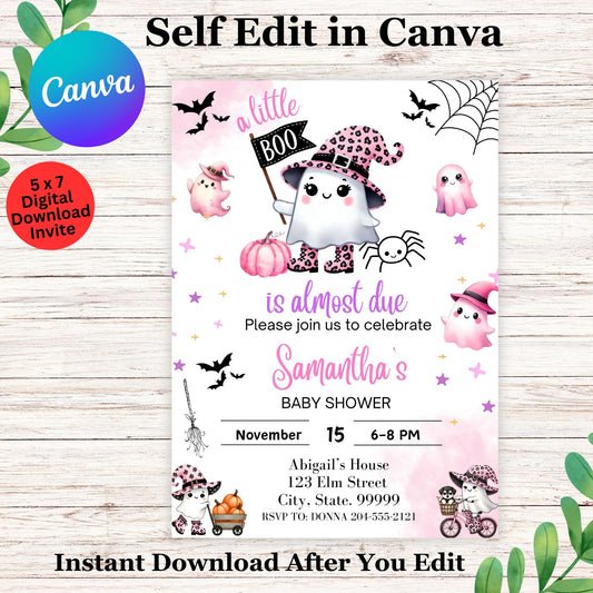 A Little Boo is on Her Way Baby Shower Invitation Template - Halloween Baby Shower Invite 