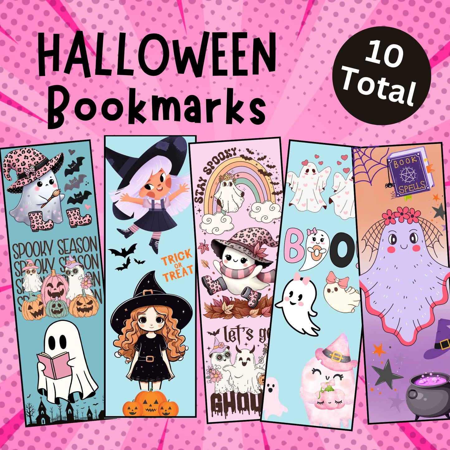 pink retro halloween bookmarks for girl 