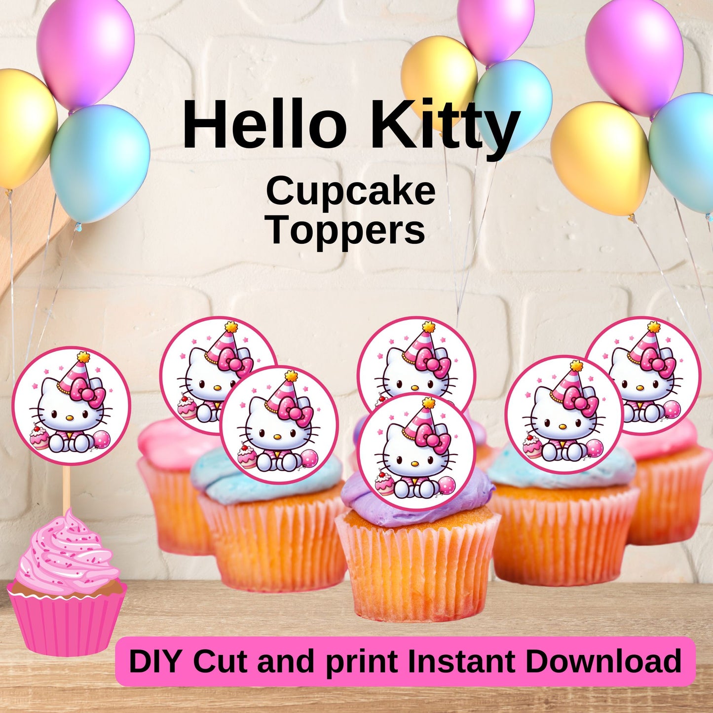 Hello Kitty Pink Cupcake Toppers - Printable Hello Kitty Cupcake Toppers - Instant Download 