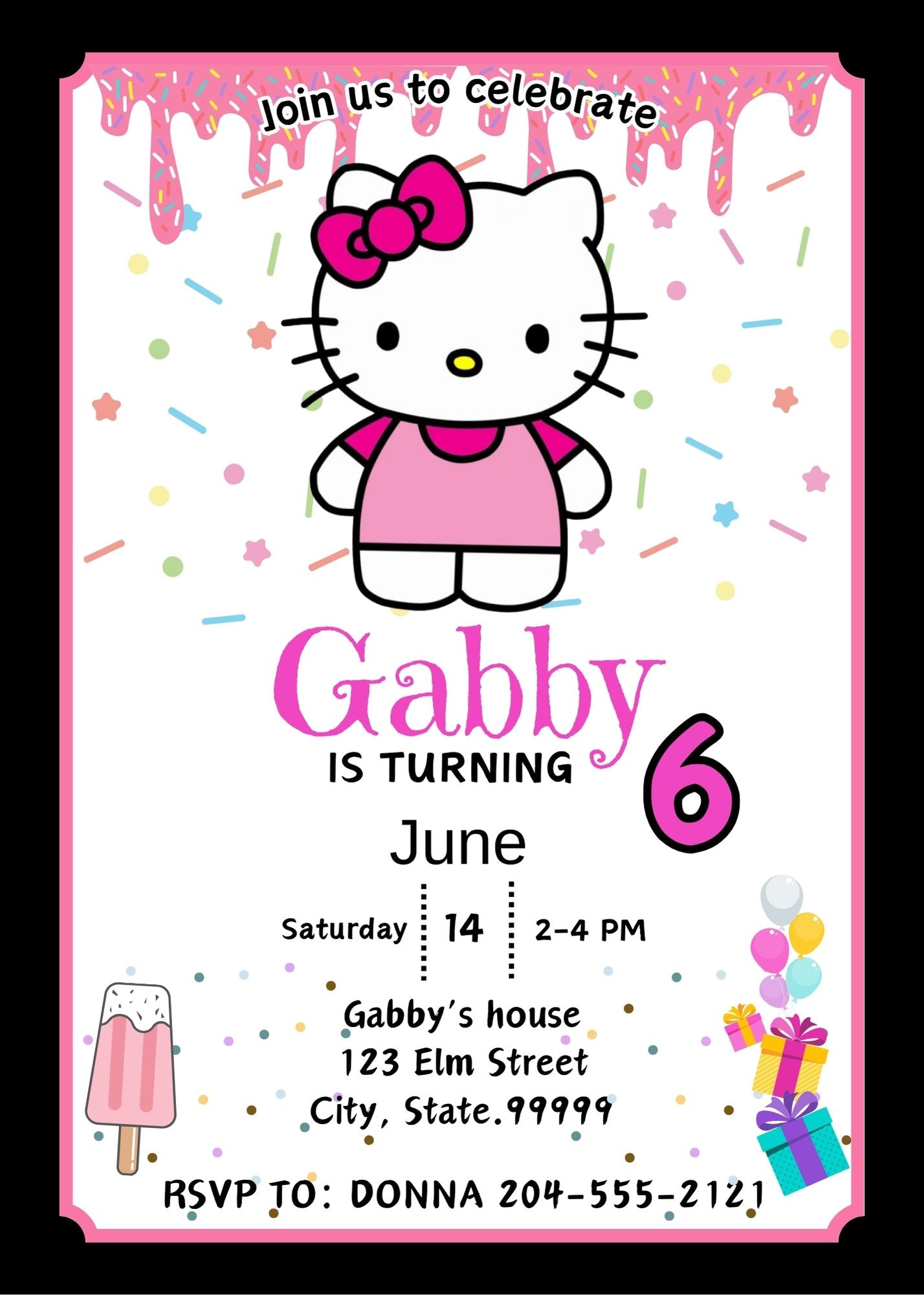 Invitación de cumpleaños personalizada de Hello Kitty (PDF imprimible)