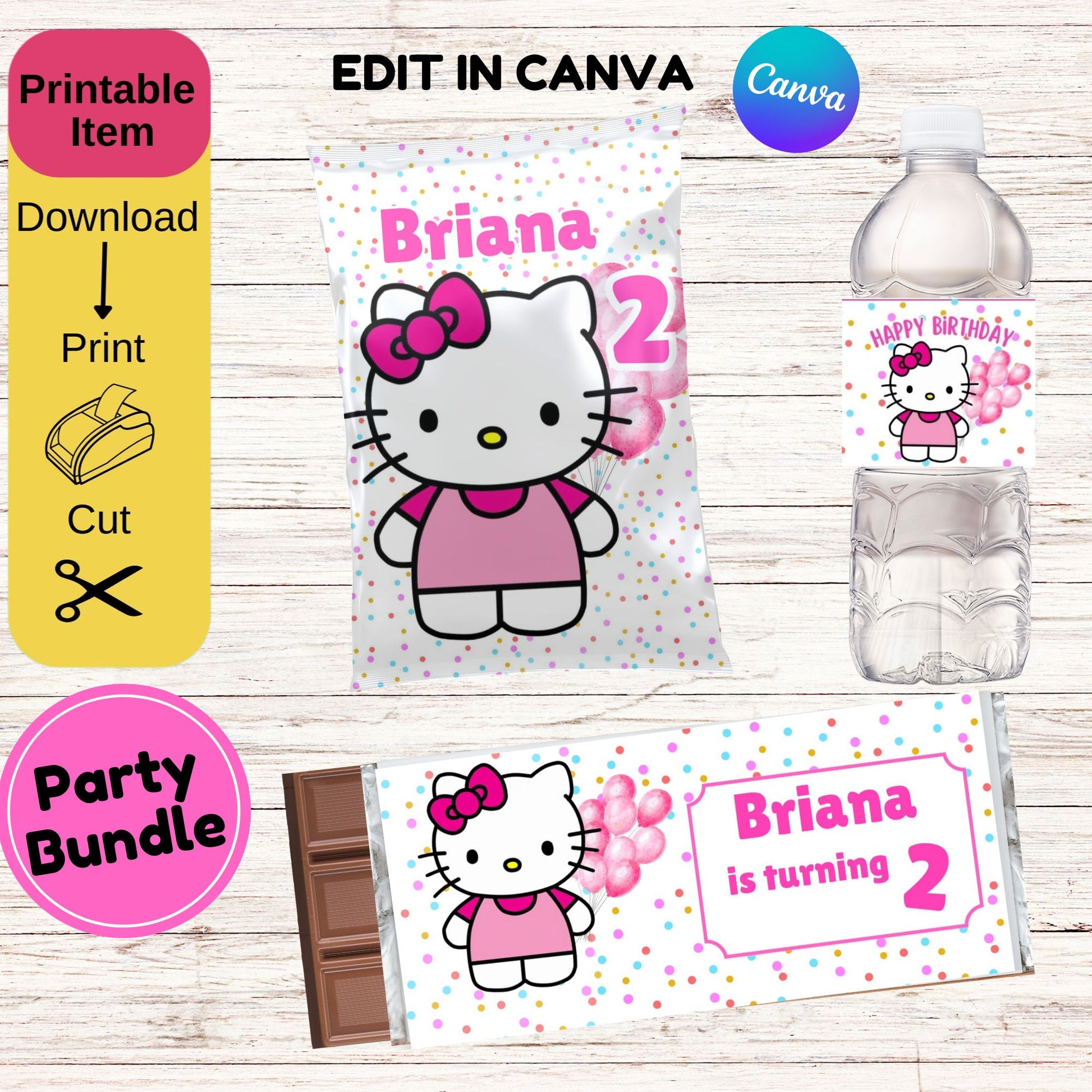 Hello Kitty Pink Birthday Party Bundle - Hello Kitty Candy Wrapper Template - Editable in Canva