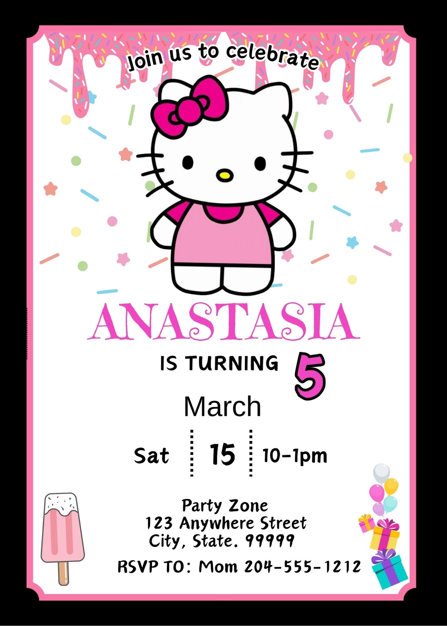 hello kitty pink black invitation 
