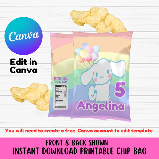 Hello Kitty Cinnamon Chip Bag Template - Editable Cinnamon Party Chip Bags 
