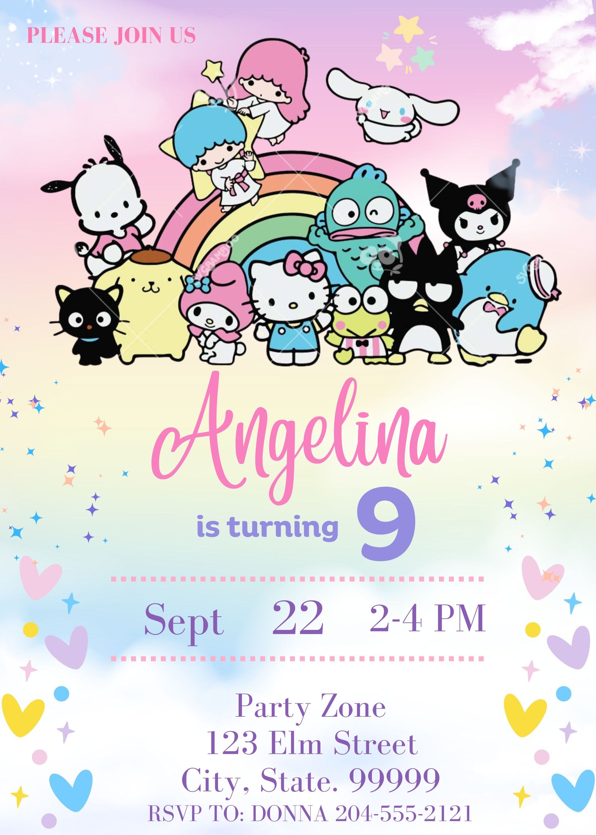 hello kitty and friends pastel invite 