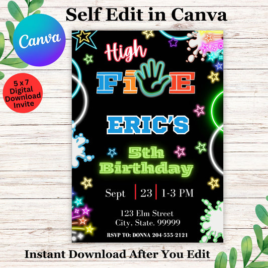 High 5 Birthday Invitation Template for Boy- Printable High Five Kids Birthday Invite Editable