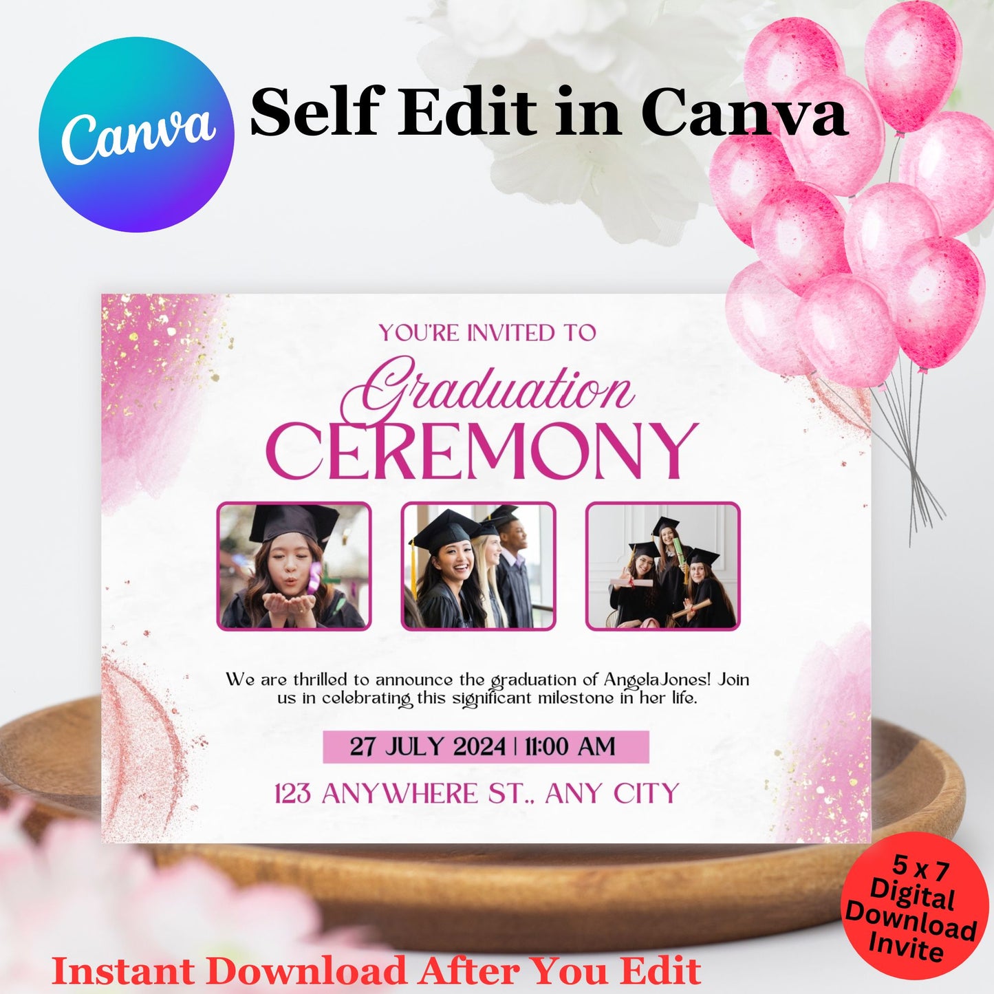 Girls Graduation Invitation Template - Editable Graduation Photo Invite Template in Canva  