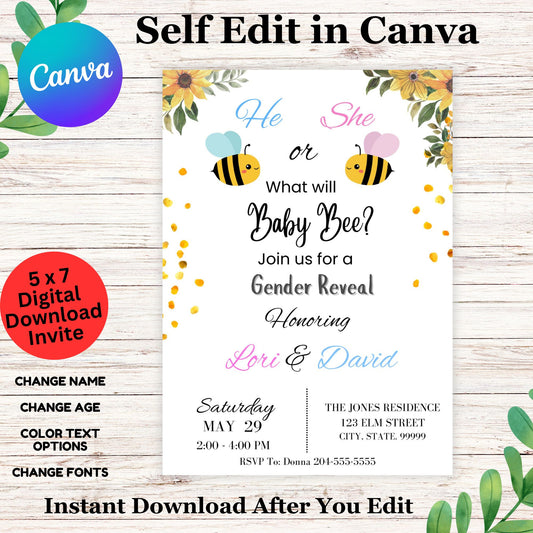Bee Themed Gender Reveal Invitation - Gender Reveal Party Invitation Template Canva 