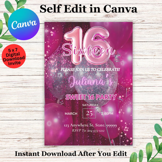 Pink Balloons Sweet 16 Birthday Invitation Template - Editable Sweet 16 Birthday Party Invite