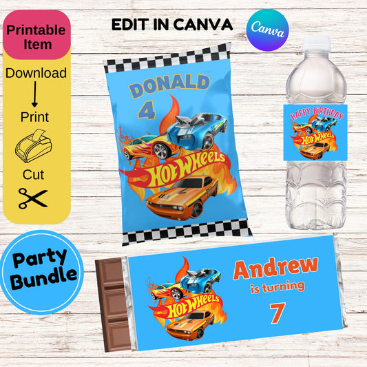 Hot Wheels Birthday Party Bundle - Hot Wheels Printable Birthday Supplies Editable in Canva