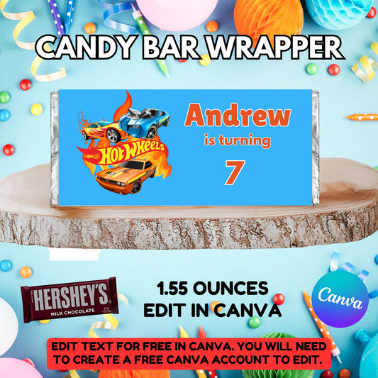 Hot wheels Birthday Party Candy Bar Wrapper Template - Printable Hot wheels Candy Bar Favors 