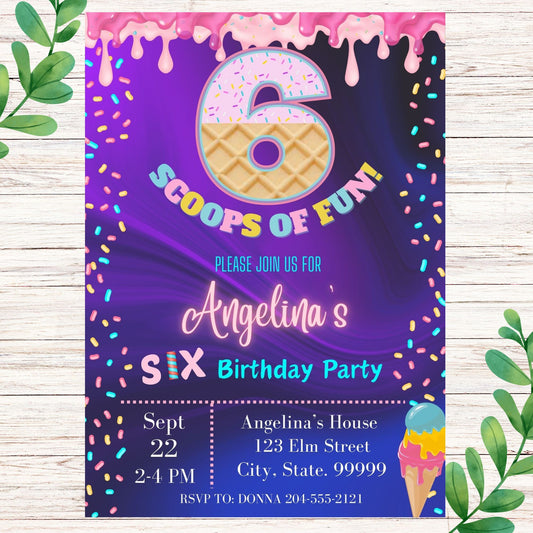 Ice Cream Scoop 6th Birthday Invitation - Sixth Birthday Girl Invitation Printable 