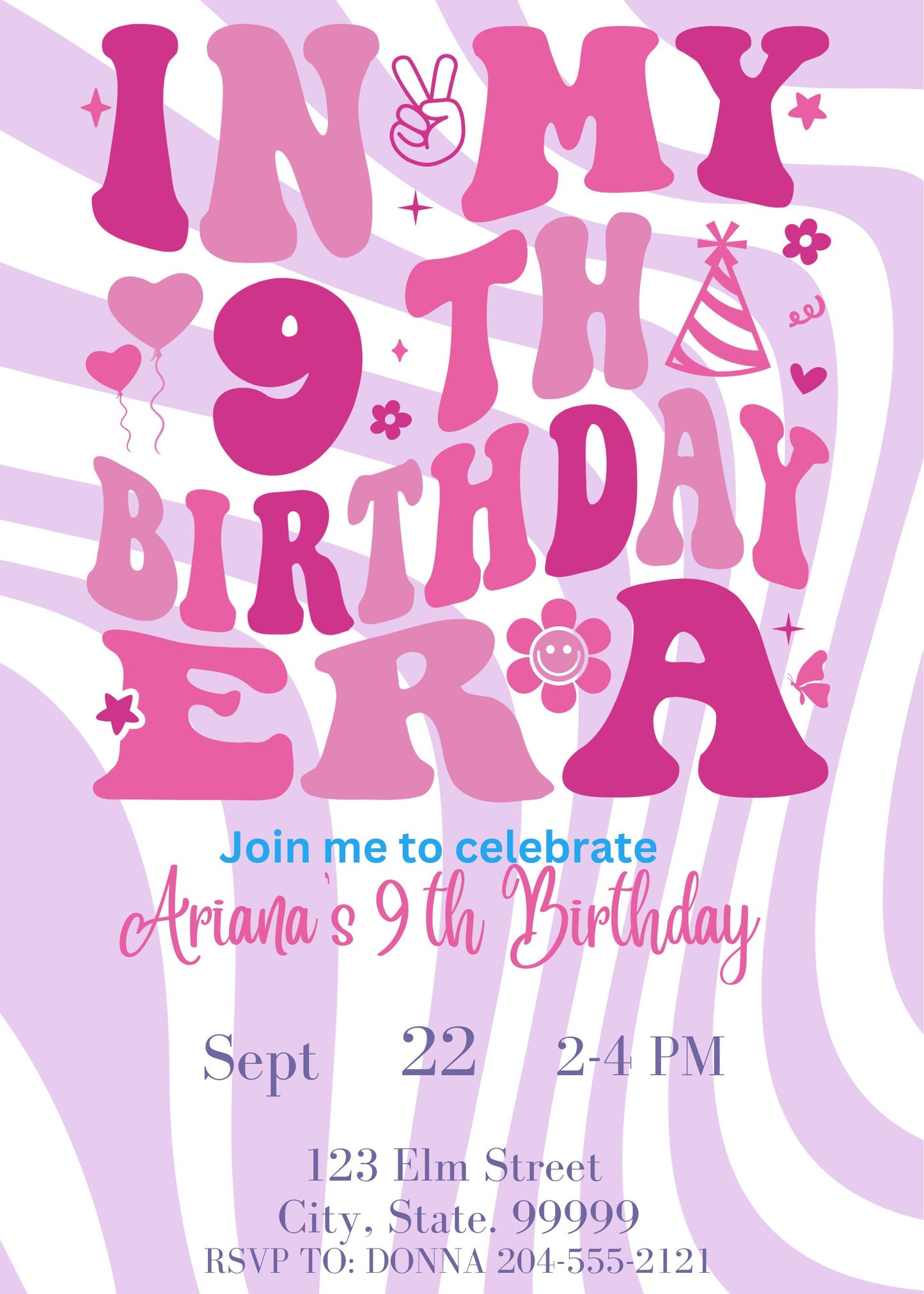 girls 9th birthday invitation  