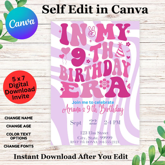 Girls 9th Birthday Invitation Template - Cute Groovy Retro My Era 9th Birthday Invite