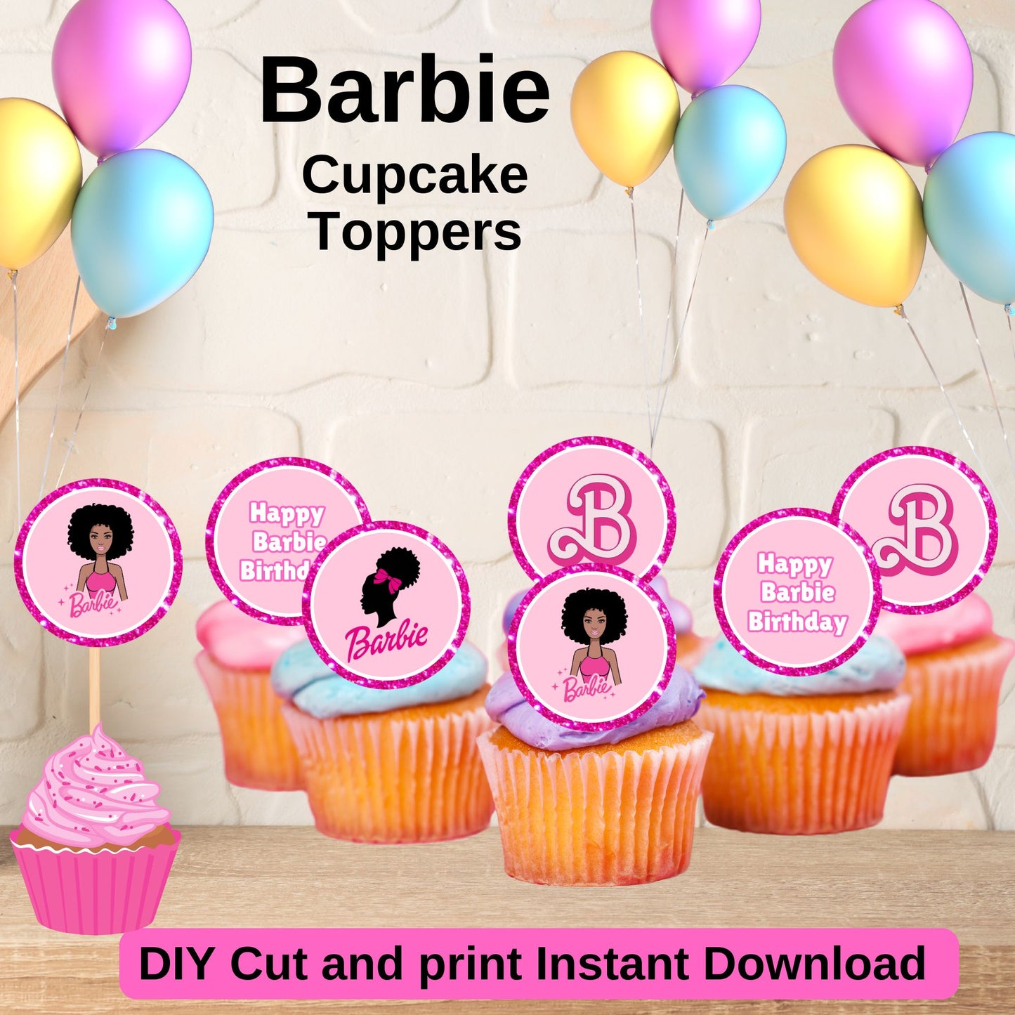 Black Cupcake Toppers - Printable Barbie Cupcake Toppers