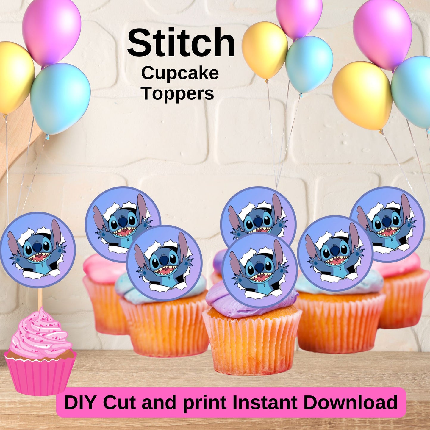 Décorations pour cupcakes Stitch - Imprimables pour fête d'anniversaire Stitch