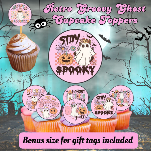 Cute Groovy Retro Pink Halloween Cupcake Toppers- Bonus Stickers!