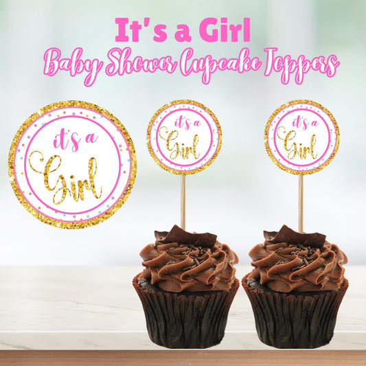 It's a Girl Pink Cupcake Toppers - Pink Glitter Cupcake Toppers