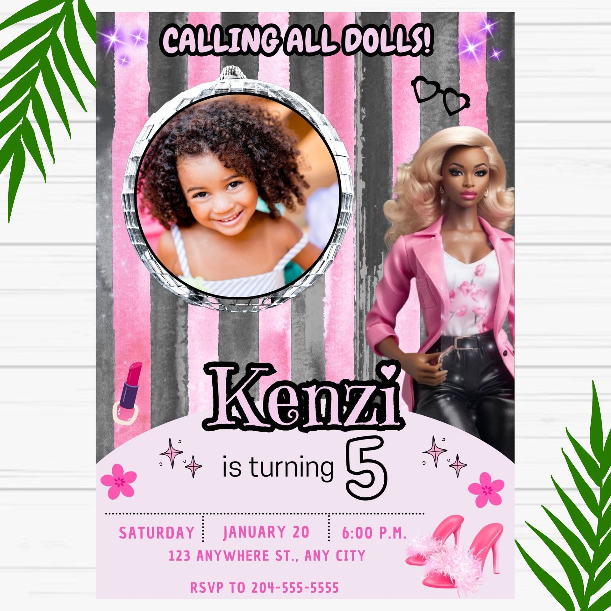 Black Barbie Personalized Birthday Invitation - Photo Invite 