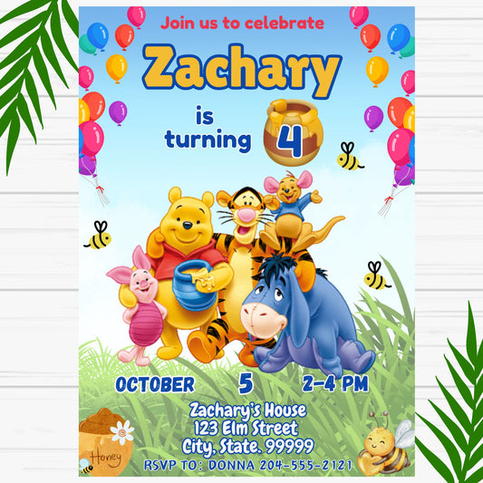 Winnie the Pooh Birthday Invitation- Winnie Invite - Printable