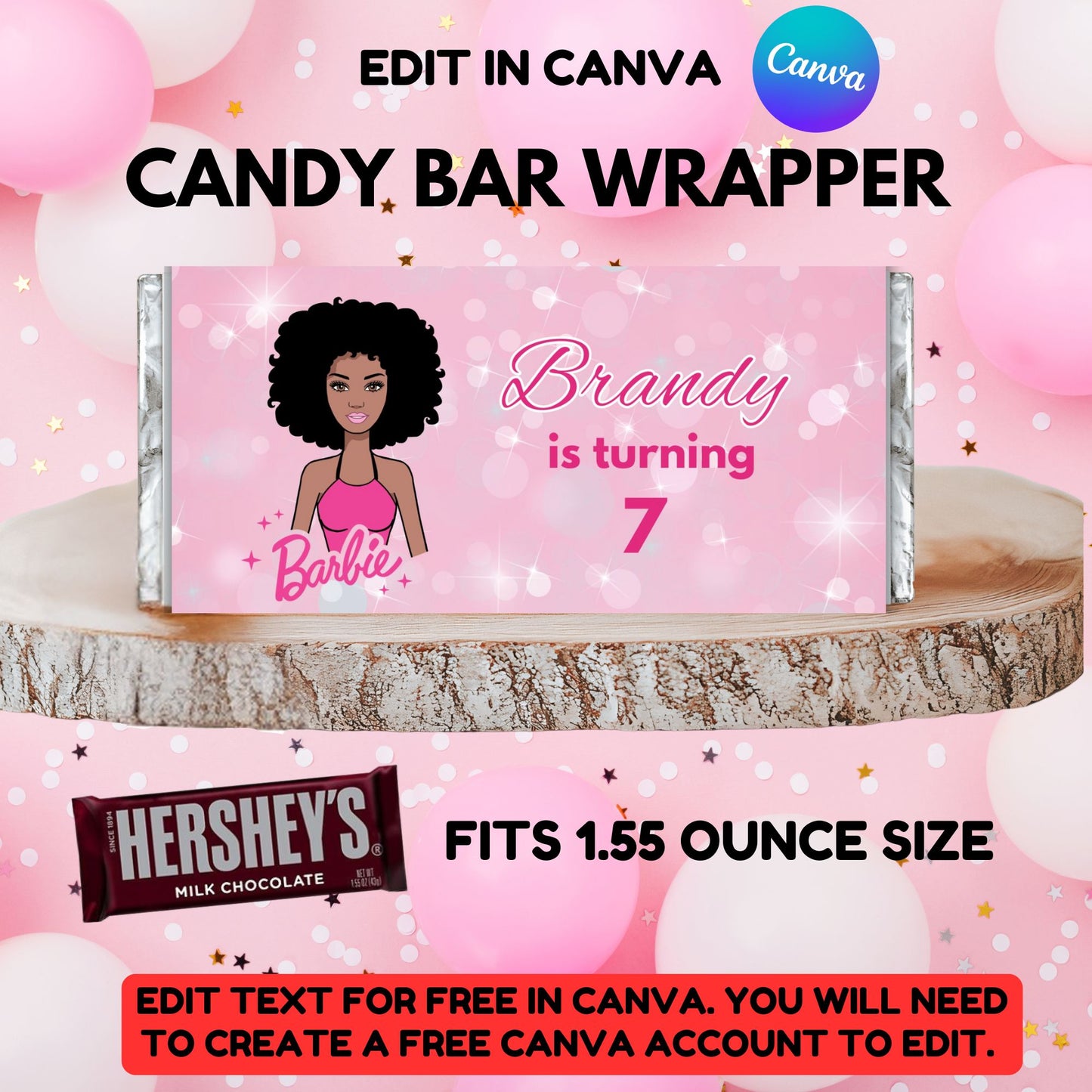 Black Barbie Birthday Candy Bar Wrapper Template - Editable Barbie Candy Bar Template