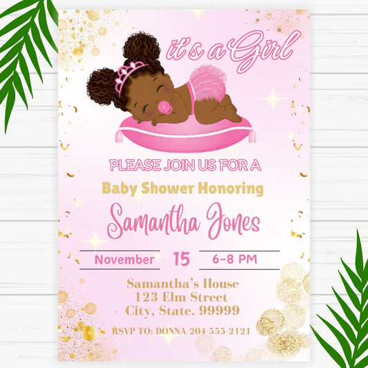 Black Princess Baby Shower Invitations- Printable 