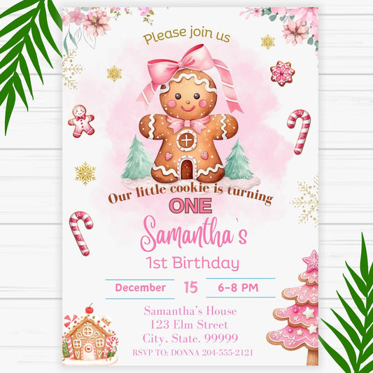 Gingerbread Little Cookie 1st Birthday Invitation - Printable 