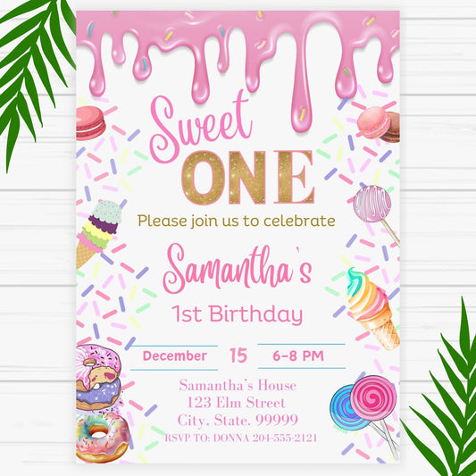 Sweet One 1st Birthday Invitation for Girl - Printable