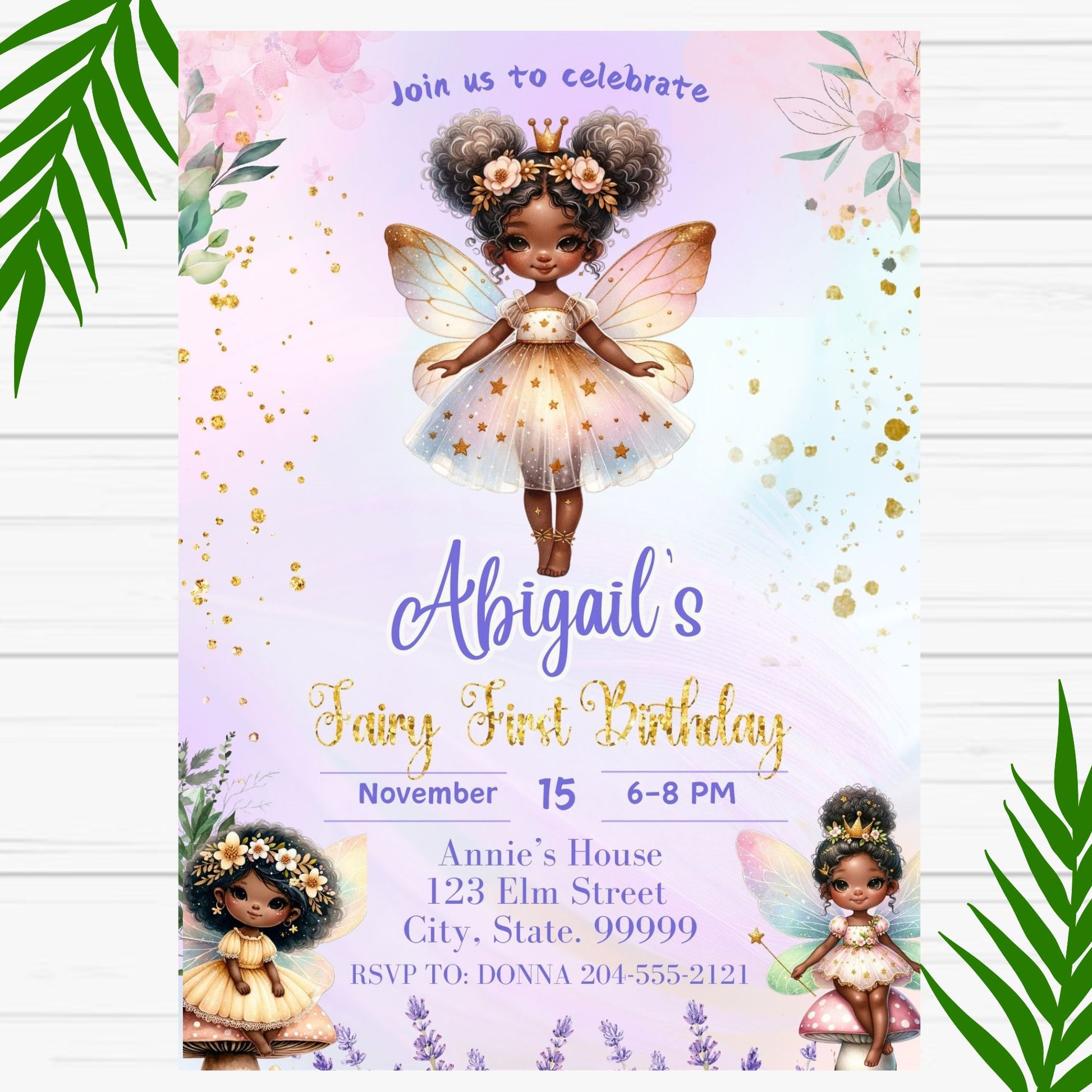 Cute Fairy First African American Fairy Birthday Invitation