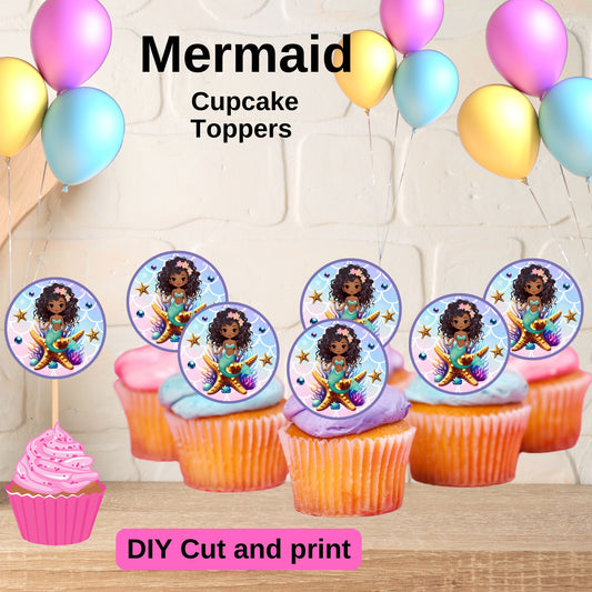 Black Mermaid Cupcake Toppers - Mermaid Printable Cupcake Toppers 