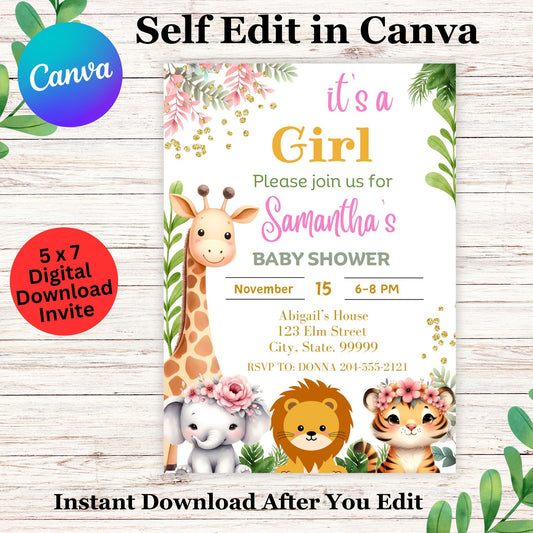 Jungle Safari Baby Shower for Girl Editable Invitation - Printable Safari Baby Shower Invite 