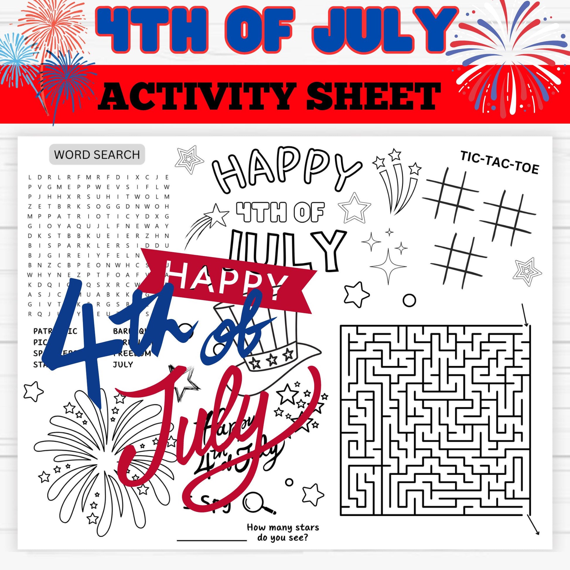 Patriotic 4th of July Activity Coloring Sheet for Kids- Printable