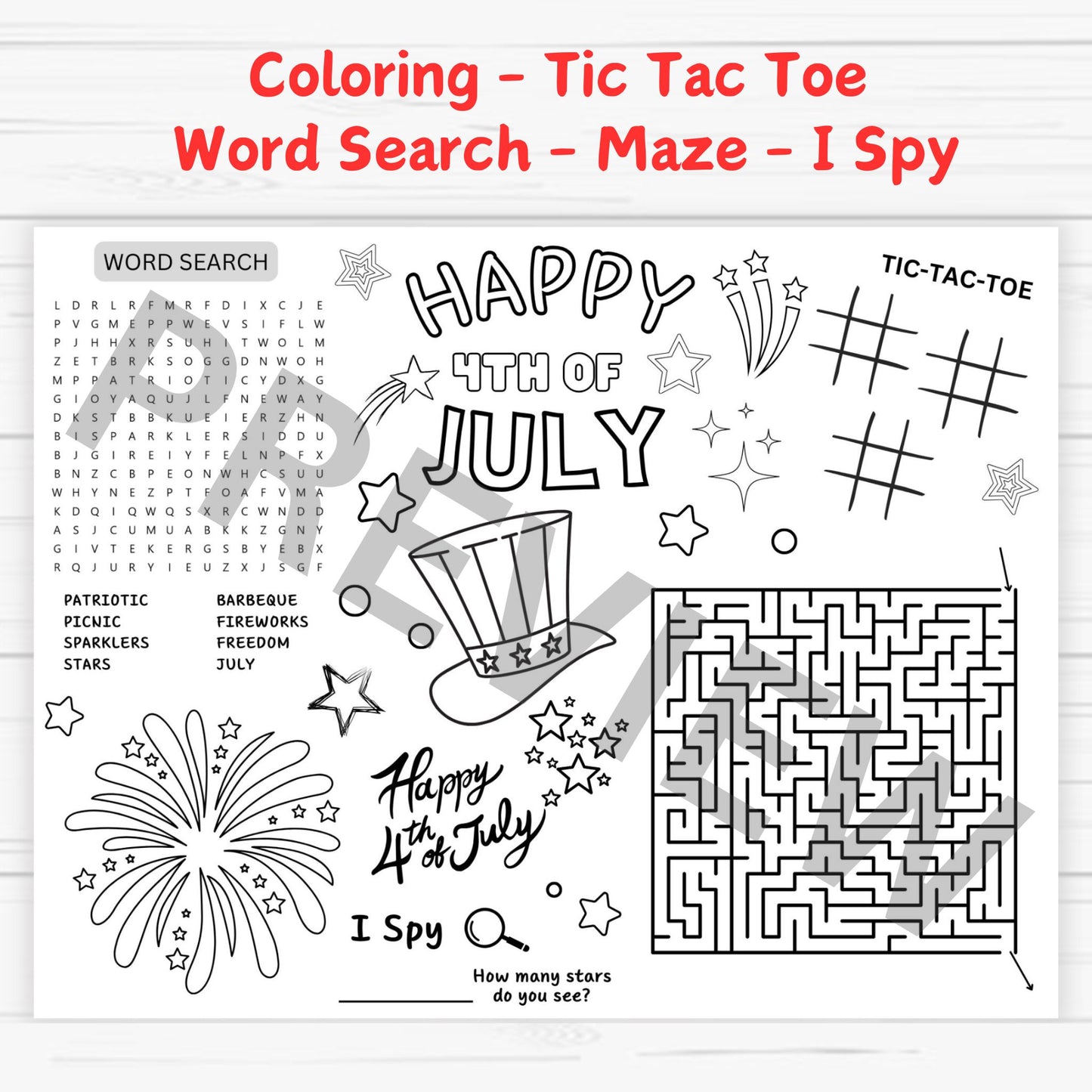 Patriotic 4th of July Activity Coloring Sheet for Kids- Printable