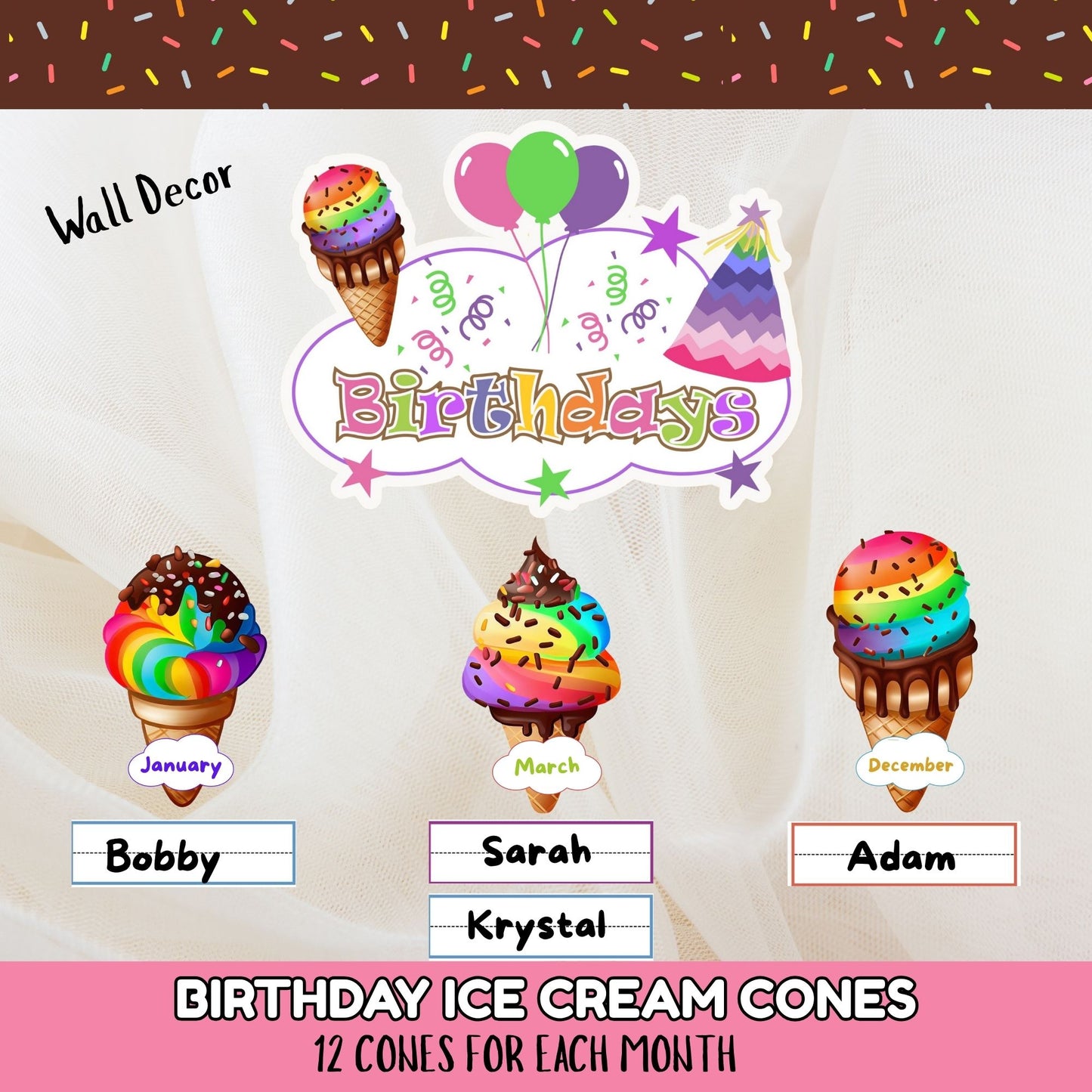 Ice Cream Cone Rainbow Sprinkles Birthday Wall Decor- Printable Birthday Wall Decor