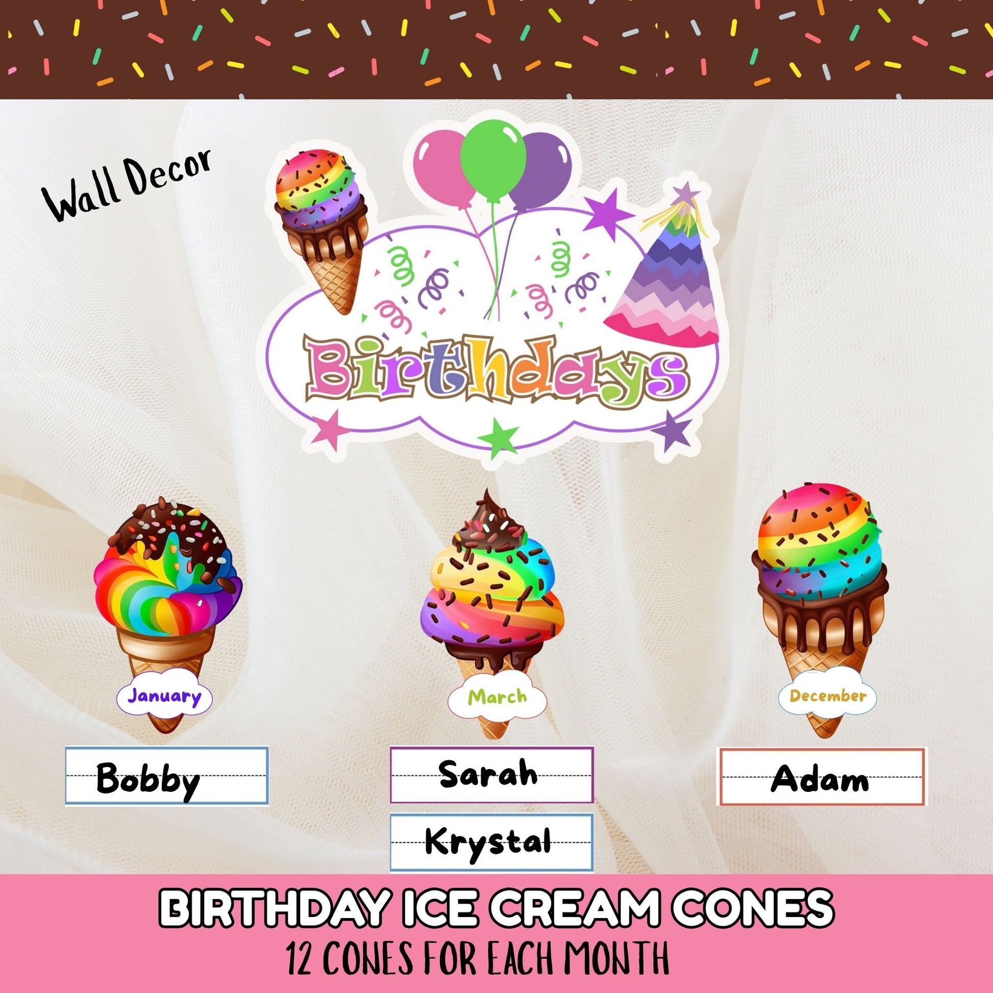 Ice Cream Cone Rainbow Sprinkles Birthday Wall Decor- Printable Birthday Wall Decor